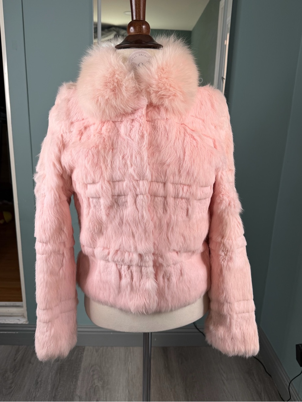 Vintage Pink Genuine Fox collar Rabbit Fur Cropped Fitted Y2K Jacket XS S